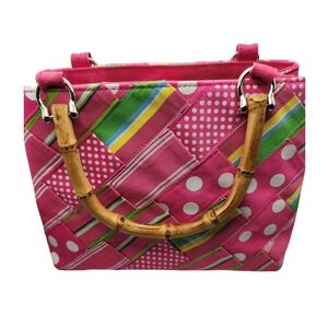 Alexandra Bartlett pink patchwork bamboo handle satchel handbag